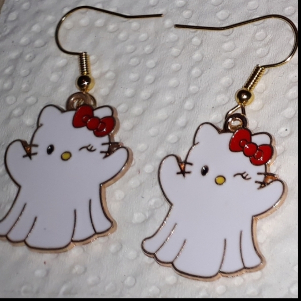 New Hello Kitty Ghost Red Bow Dangle Earrings Gol… - image 5